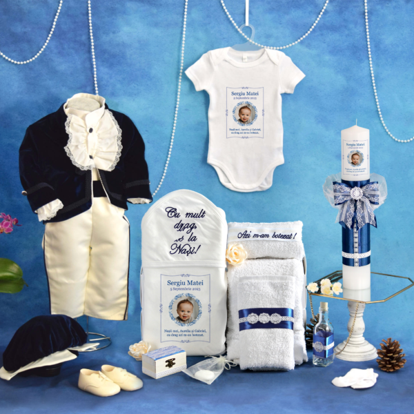 trusou set complet botez personalizat micul print catifea bleumarin 15 piese