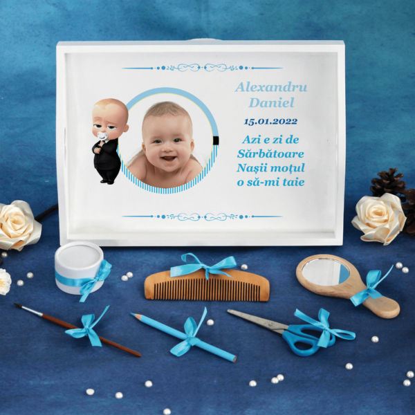 tavita mot aniversare albastra baiat boss baby 7 piese personalizata