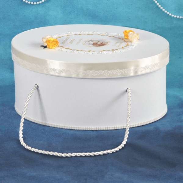 cufar botez alb auriu ivoire personalizat baiat fetita dantela flori din satin
