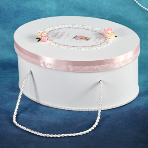 cufar botez alb roz personalizat fetita dantela flori din satin