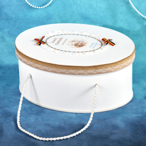 cufar botez alb traditional personalizat fetita baiat dantela flori din satin