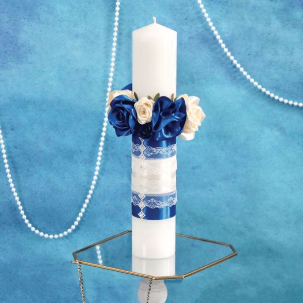 lumanare botez albastru ivoire flori