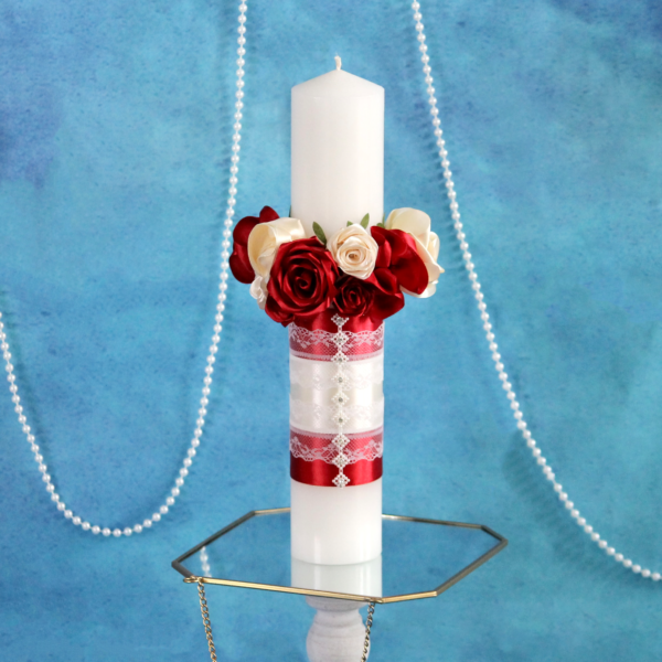 lumanare botez fetita baiat rosu ivoire flori