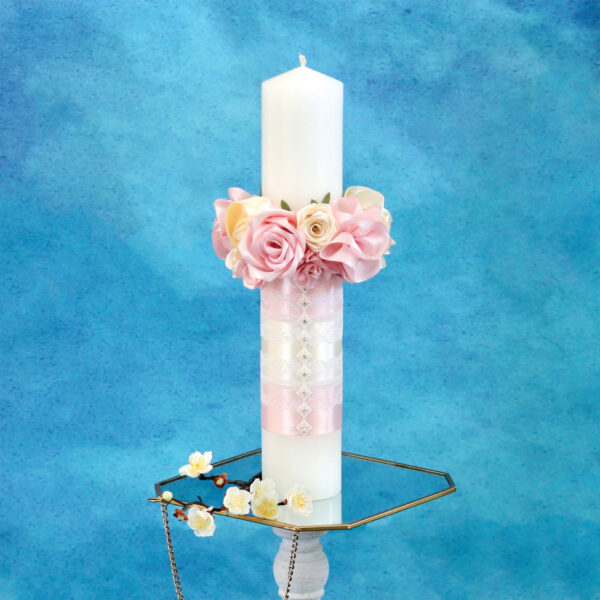 lumanare botez fetita roz pudra ivoire flori