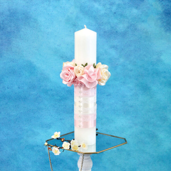 lumanare botez fetita roz pudrat ivoire flori