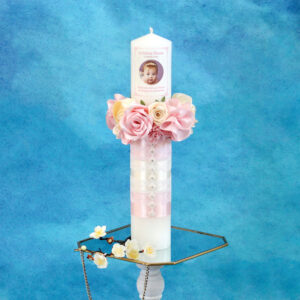 lumanare botez personalizata flori trandafiri satin roz ivoire fetita