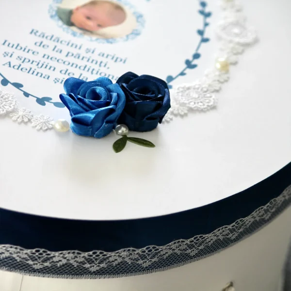 cufar alb albastru bleumarin personalizat pentru botez
