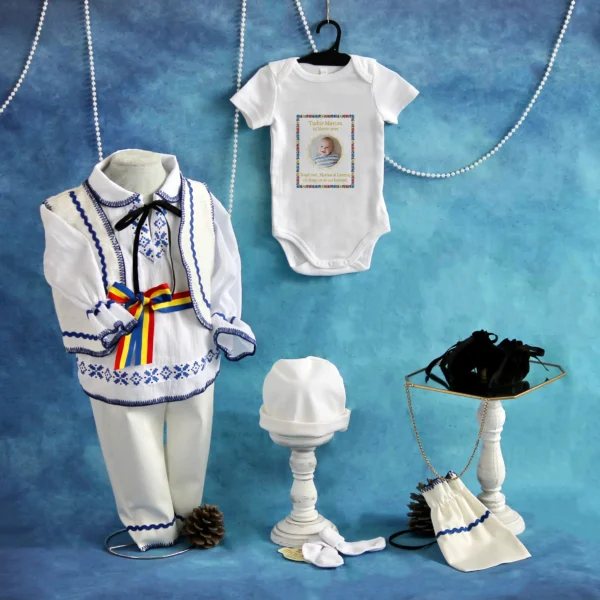 tinuta de botez romanas albastru costum traditional 8 piese personalizat
