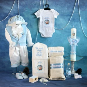 trusou set complet botez personalizat marchiz bleu catifea 15 piese