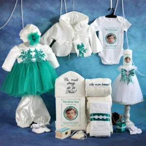 trusou set complet botez personalizat aqua turcoaz 15 piese