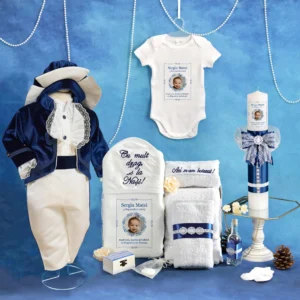 trusou set complet botez personalizat micul print catifea bleumarin 15 piese