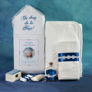 trusou biserica botez albastru personalizat 7 piese baiat