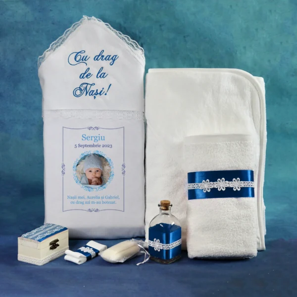 trusou biserica botez albastru personalizat 7 piese baiat