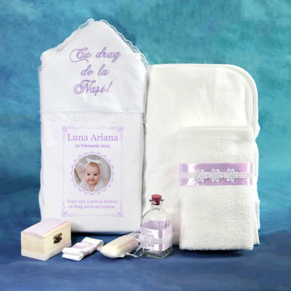 trusou biserica botez mov personalizat 7 piese fata