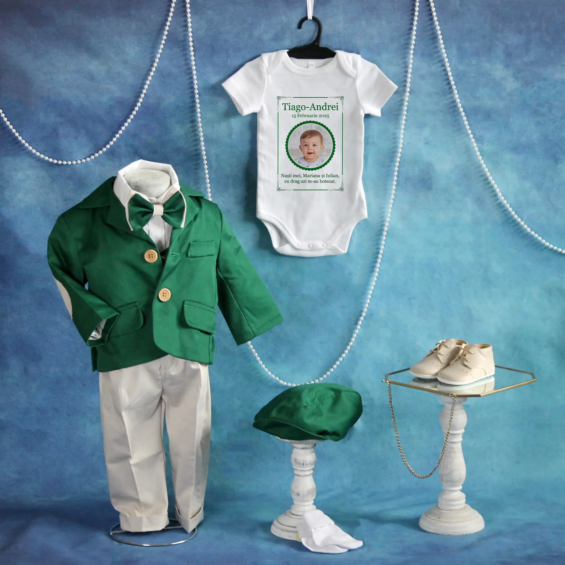 tinuta completa botez gabriel verde 8 piese personalizata