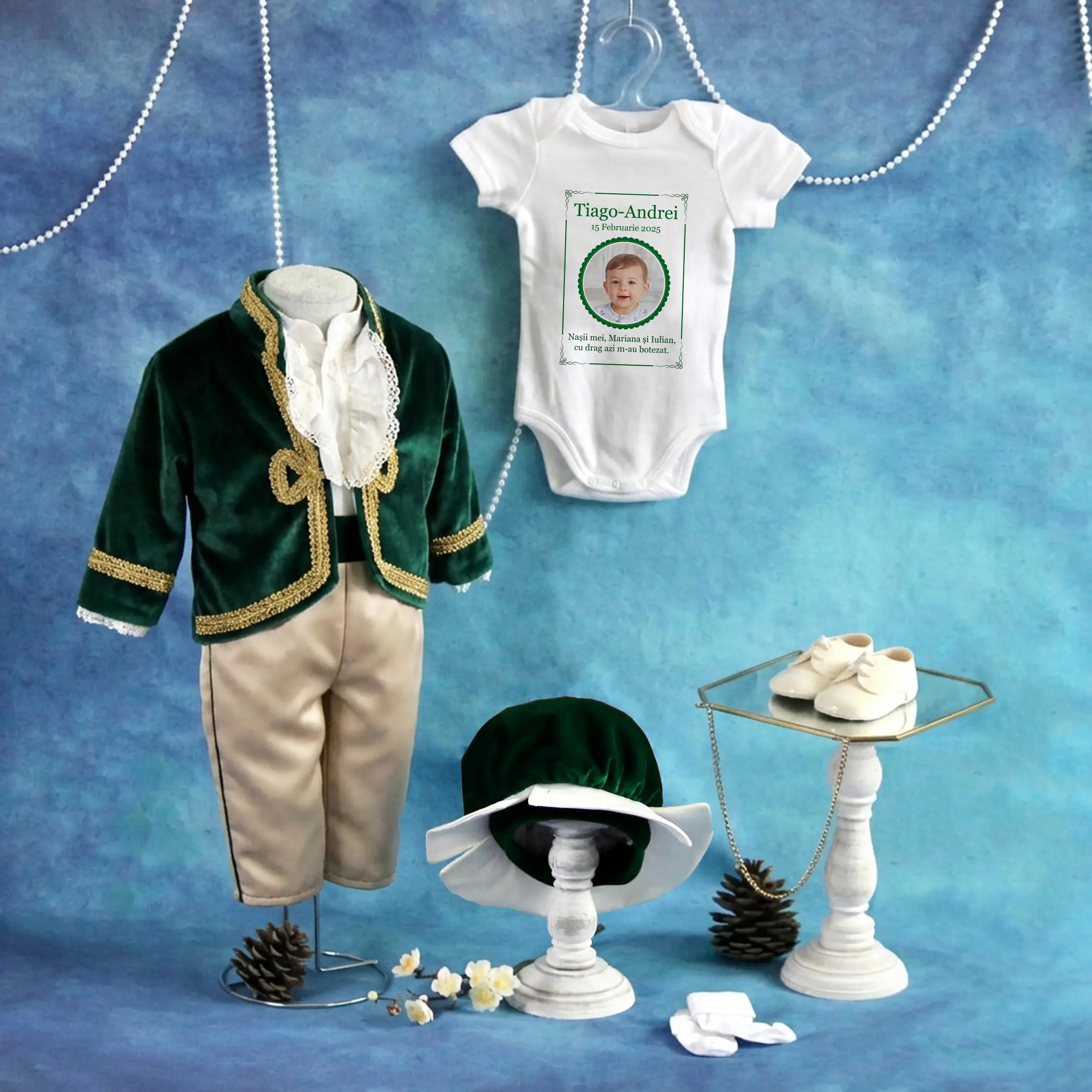 tinuta completa botez print verde 7 piese personalizata