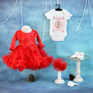tinuta rochita compleu botez ana rosu 5 piese personalizat