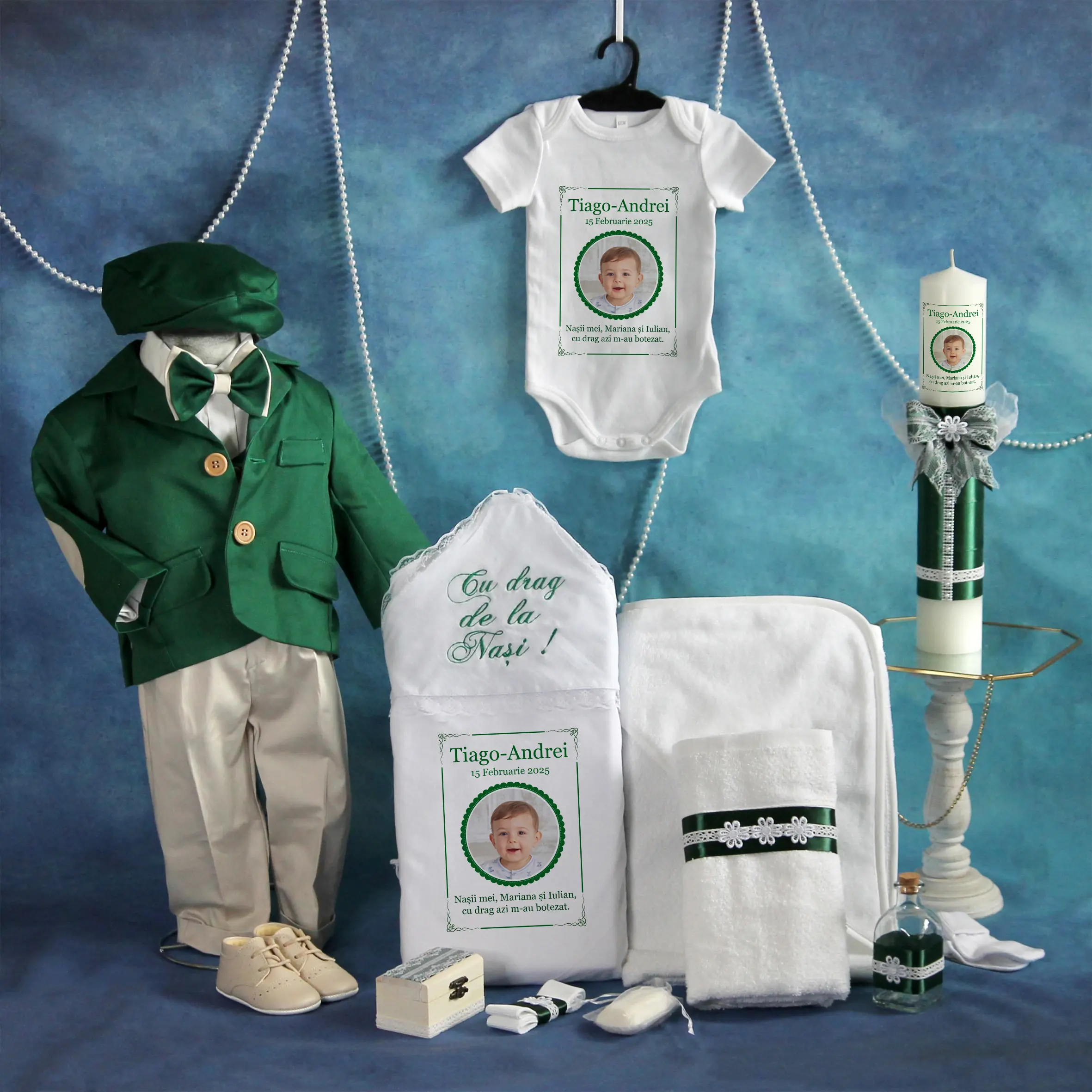 trusou set complet botez gabriel verde 16 piese personalizat