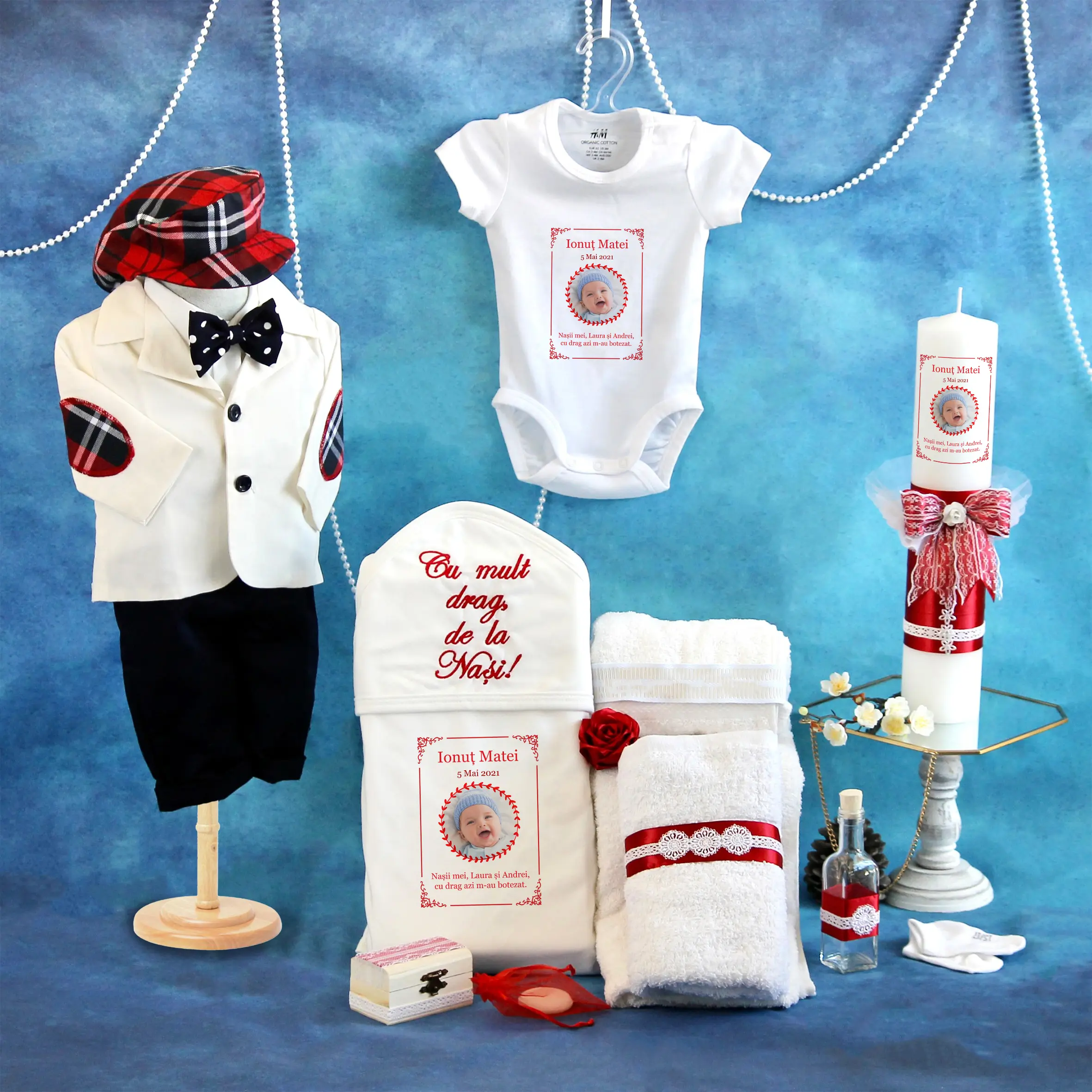 trusou set complet botez personalizat albert alb rosu 16 piese