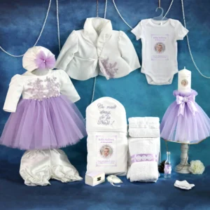 trusou set complet botez personalizat feather mov lila 15 piese