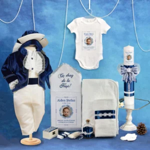 trusou set complet botez personalizat micul print catifea bleumarin 15 piese