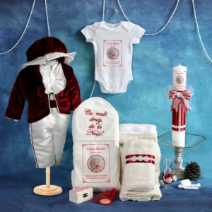 trusou set complet botez personalizat micul print catifea burgundy rosu 15 piese