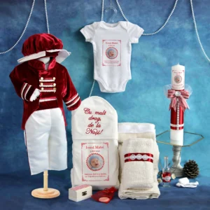 trusou set complet botez personalizat redingota burgundy rosu 15 piese