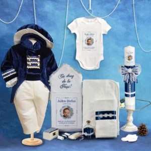 trusou set complet botez personalizat redingota catifea bleumarin 15 piese